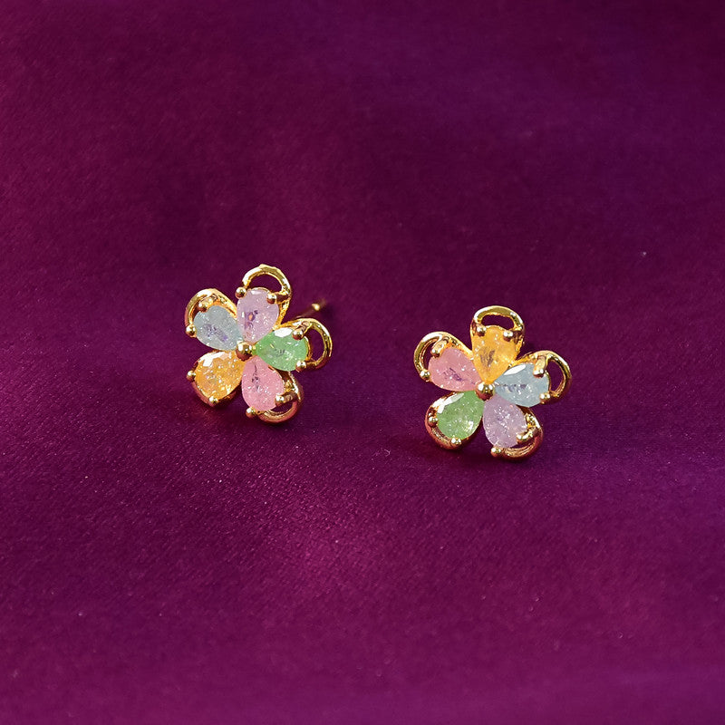 Multicolor Crystal Flower Stud Earrings with Gold Finish for Women