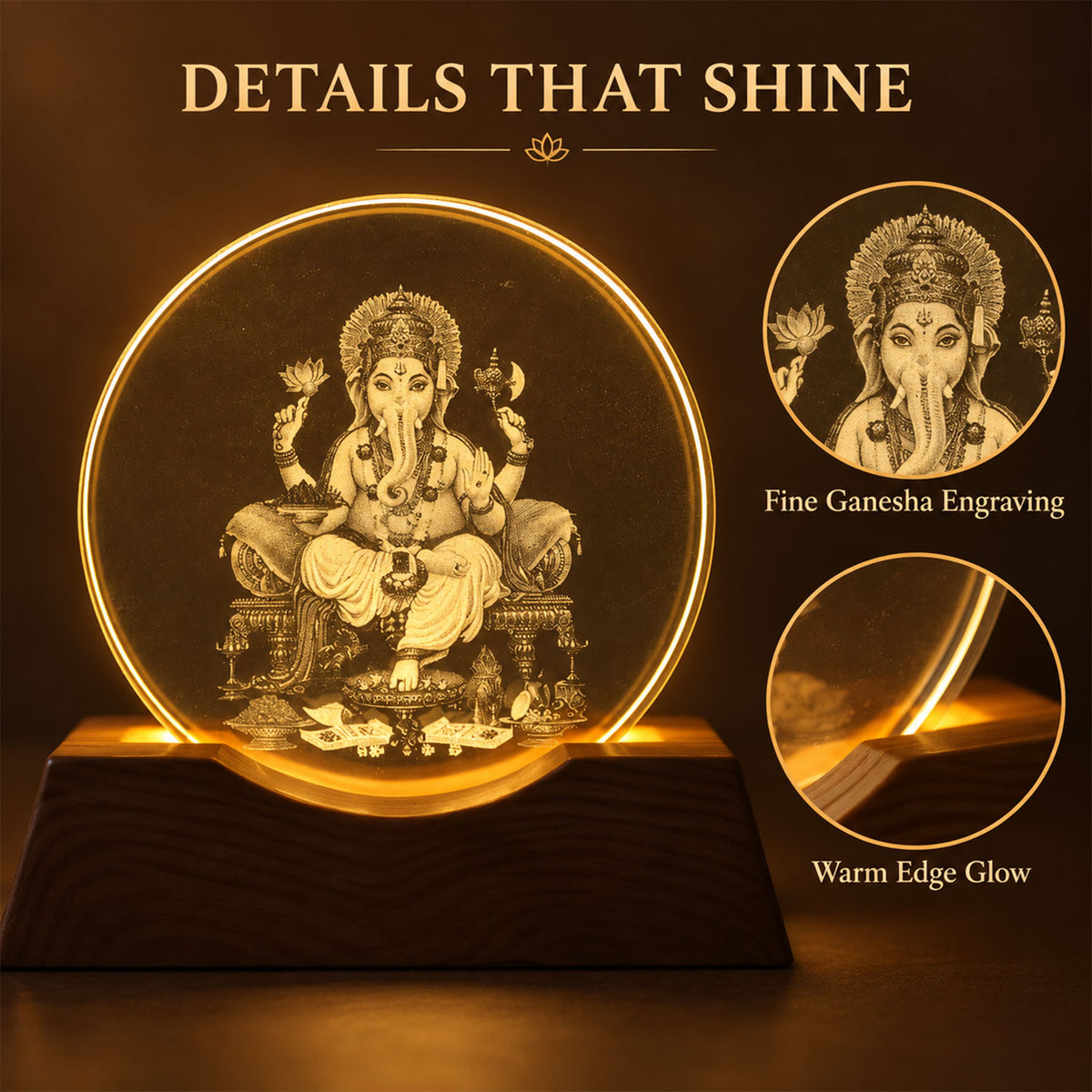 3D Ganesha LED Lamp with Wooden Base for Home and Pooja Decor (1 Pc)