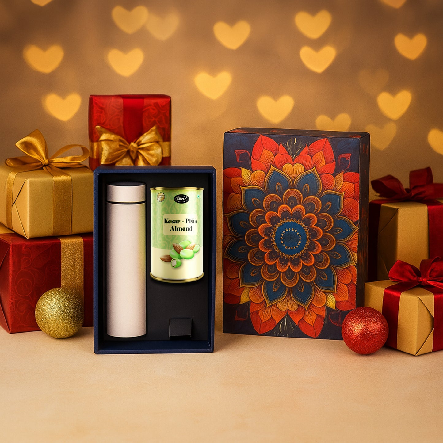 Effete Kesar Pista Almonds Gift Hamper, Golden With Bottle (2 Pc Set)