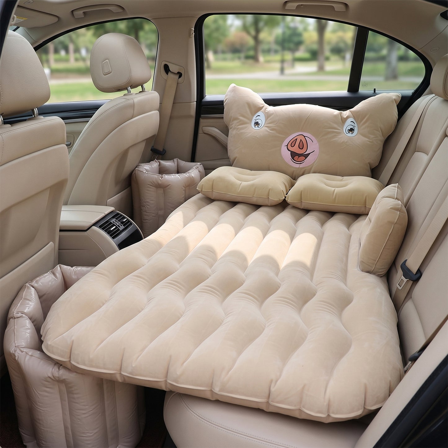 Inflatable car air mattress bed set installed in sedan back seat