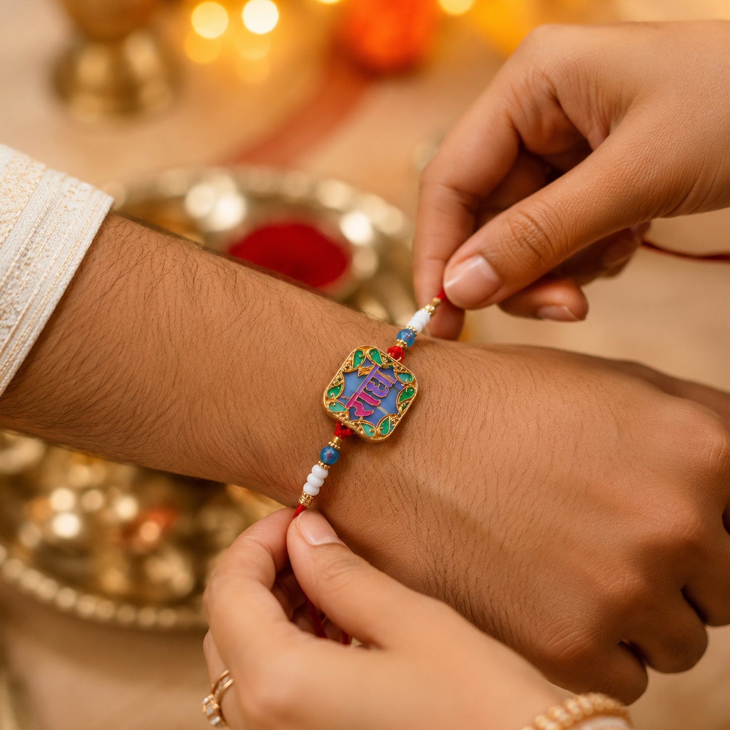 Traditional Rakhi featuring colorful beads and soft thread