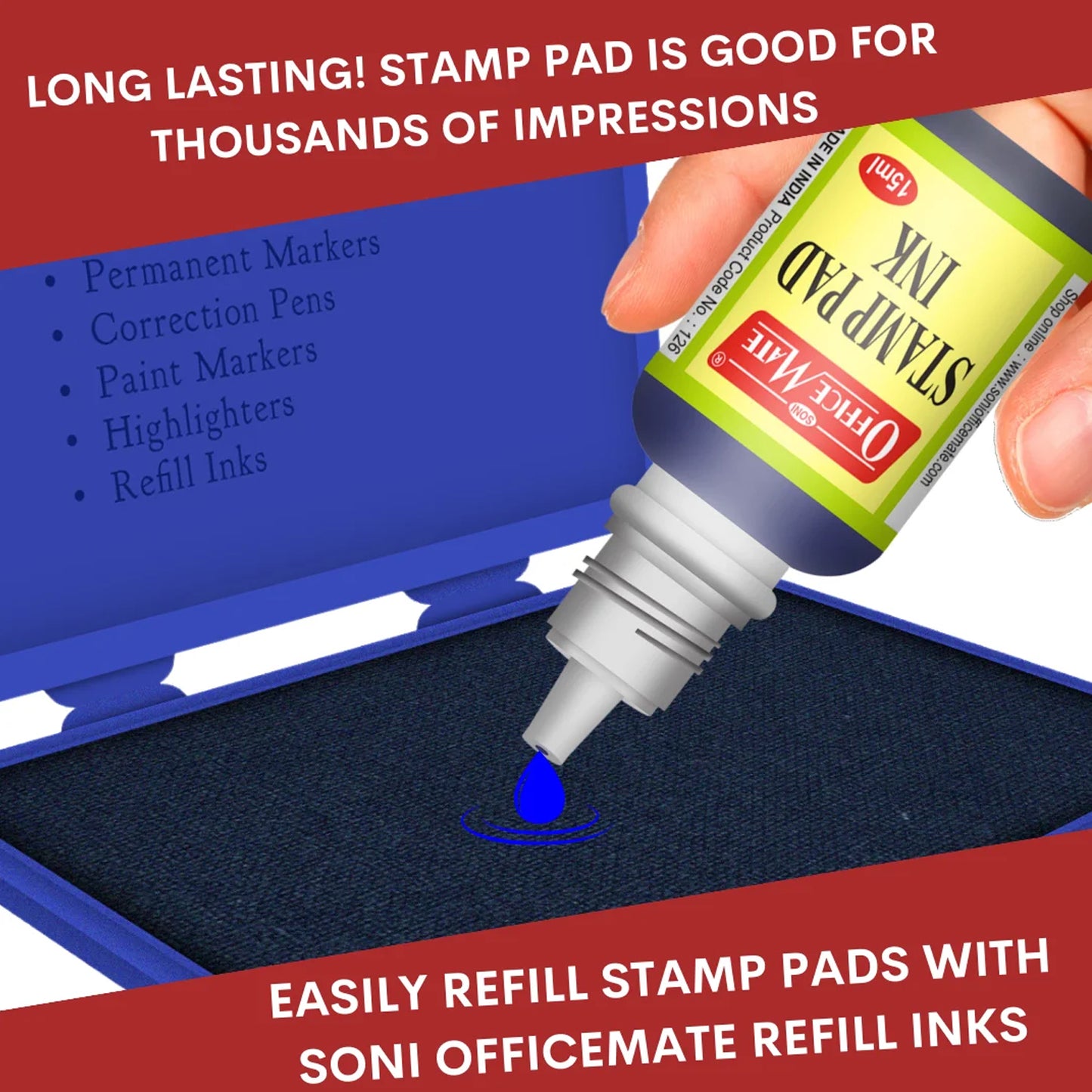 Officemate Stamp Pad Ink Blue – 15 ml Bottle | Fade-Resistant, Quick-Drying Refill Ink