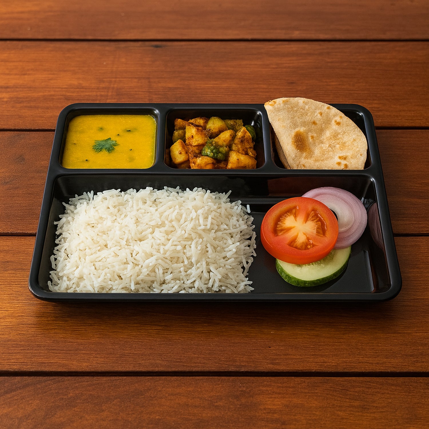 Plastic 4-Compartment Rectangular Meal Serving Tray – Sectioned Dining Plate (1 Pc)