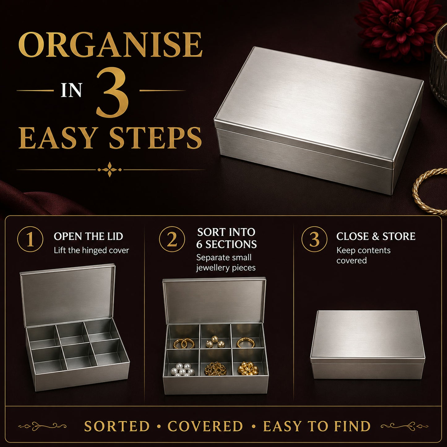 Stainless Steel Jewelry Organizer – 6-Compartment Storage Box