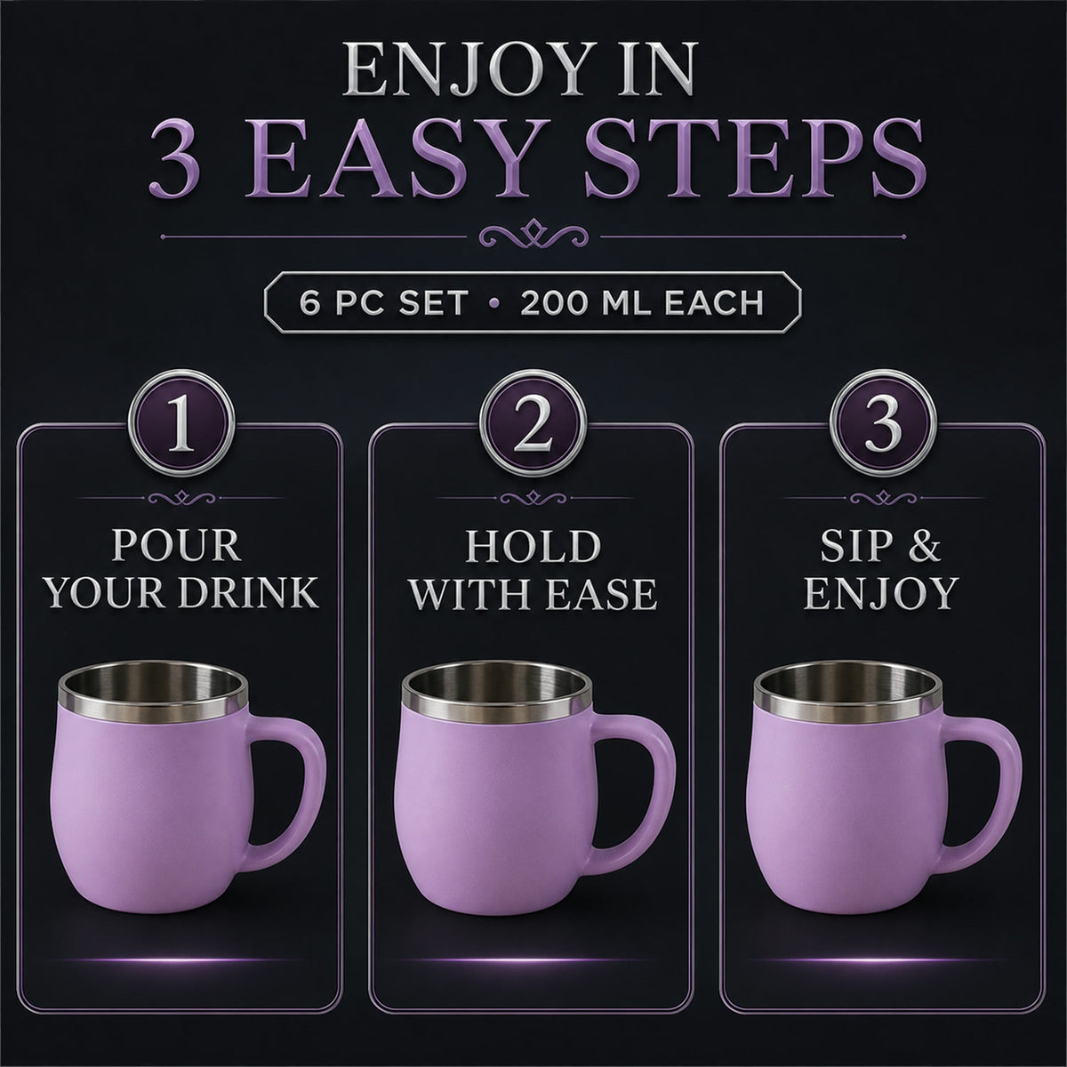 Double Wall Stainless Steel Mug Set – Insulated 6-Pc 200ml
