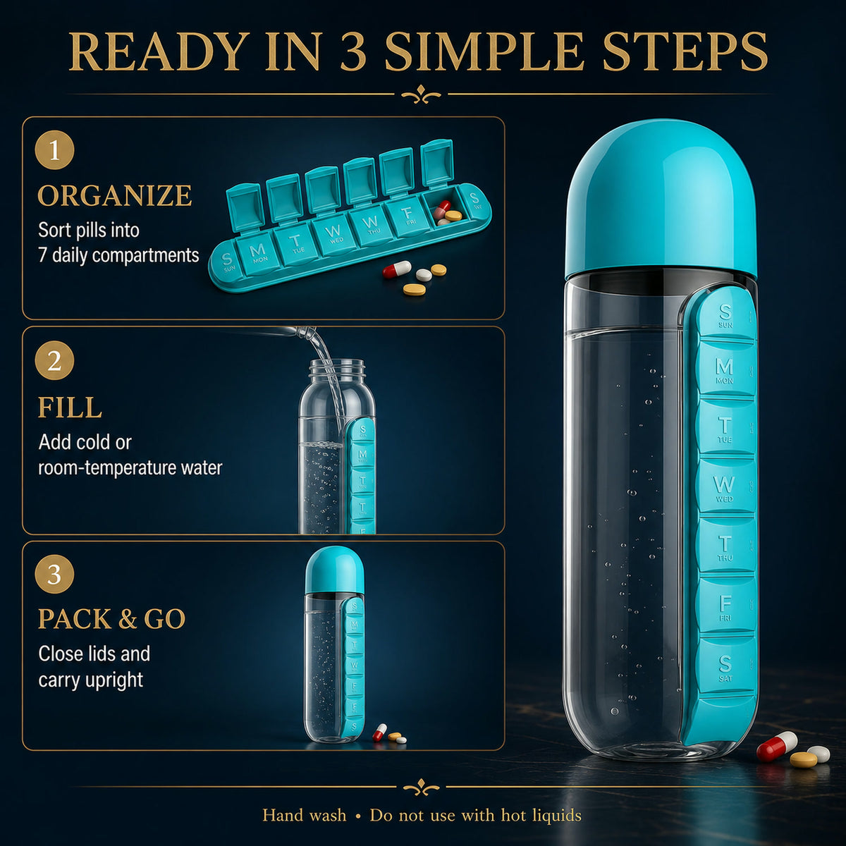 Pill Organizer Water Bottle 600ml – Travel Friendly | Own Hydrate