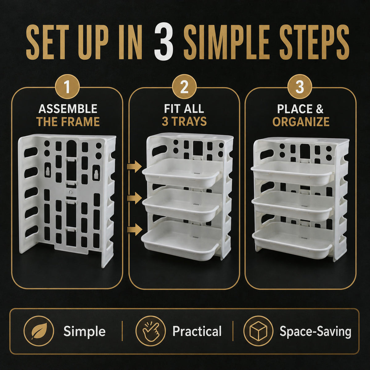 Infographic showing three steps to assemble the white plastic storage rack: frame, trays, and organization.