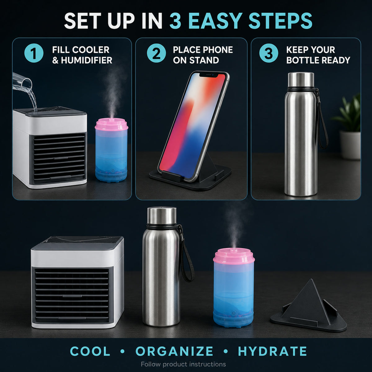 Office Essentials Combo Set – Mini Air Cooler & Water Bottles