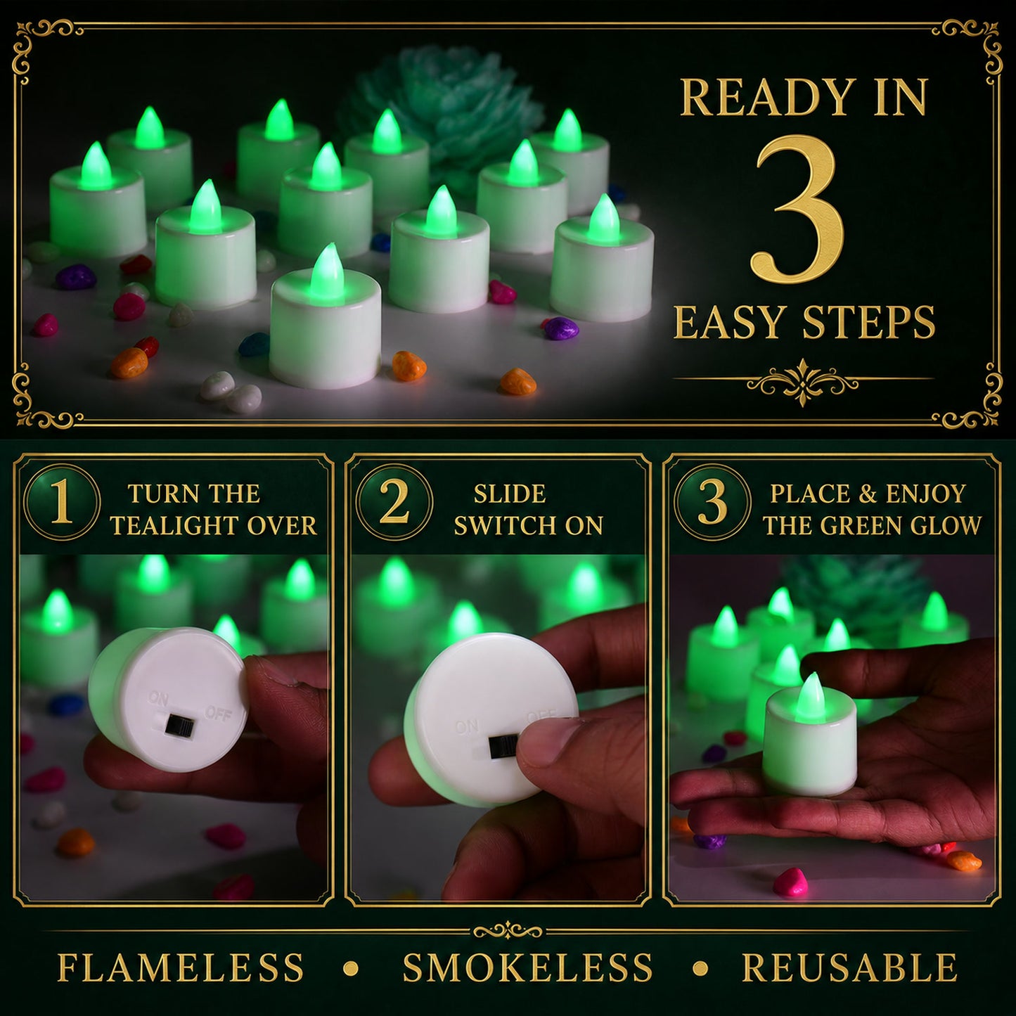 Green Flameless LED Tealights - Safe, Smokeless Decor (24-Pack)