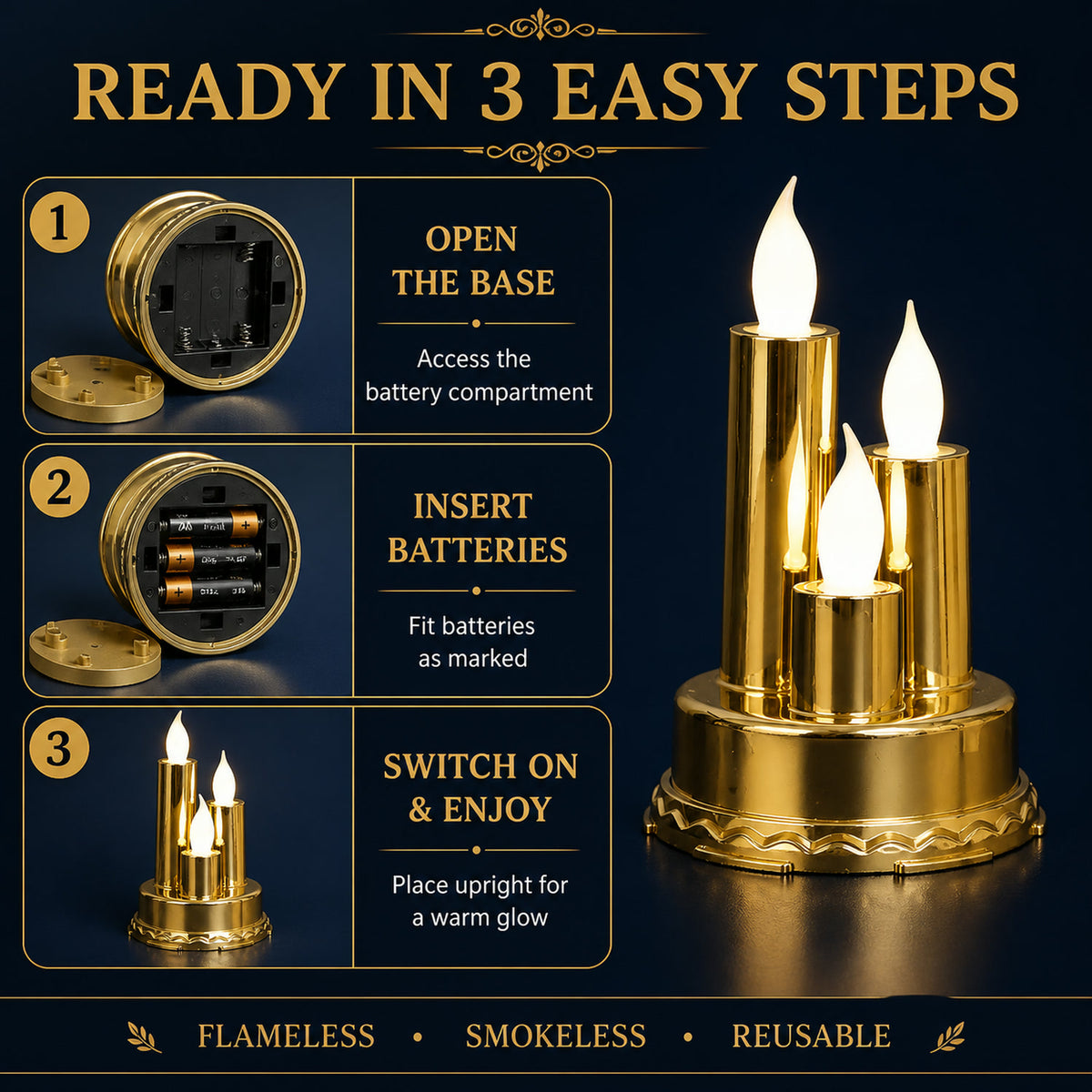 LED Flameless Candle Lamp – Triple Candle Design, Golden Glow