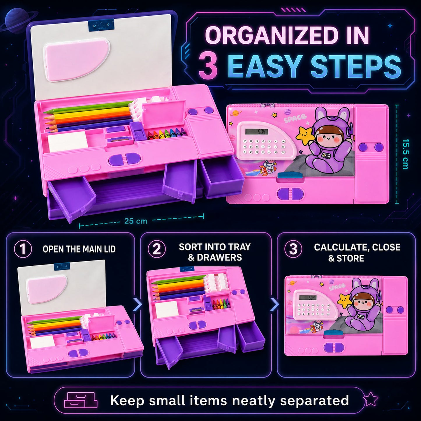 Space Theme Pencil Box with Built-in Calculator – Dual Compartment Organizer