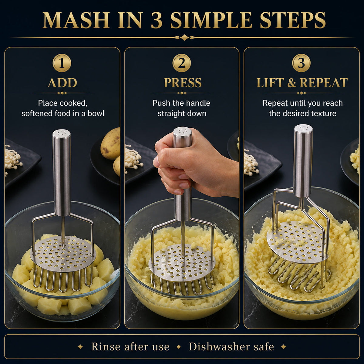 Stainless Steel Masher – Durable Hand Smasher for Kitchen | Mini Bubbles