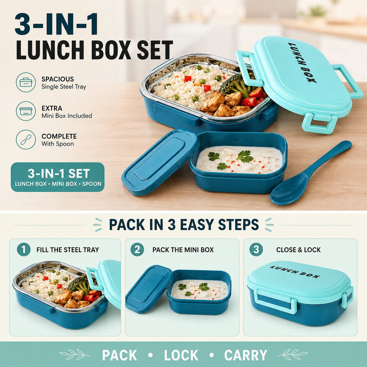 Stainless Steel Lunch Box – 3-in-1 Leakproof Set | Lunchie Bunchie