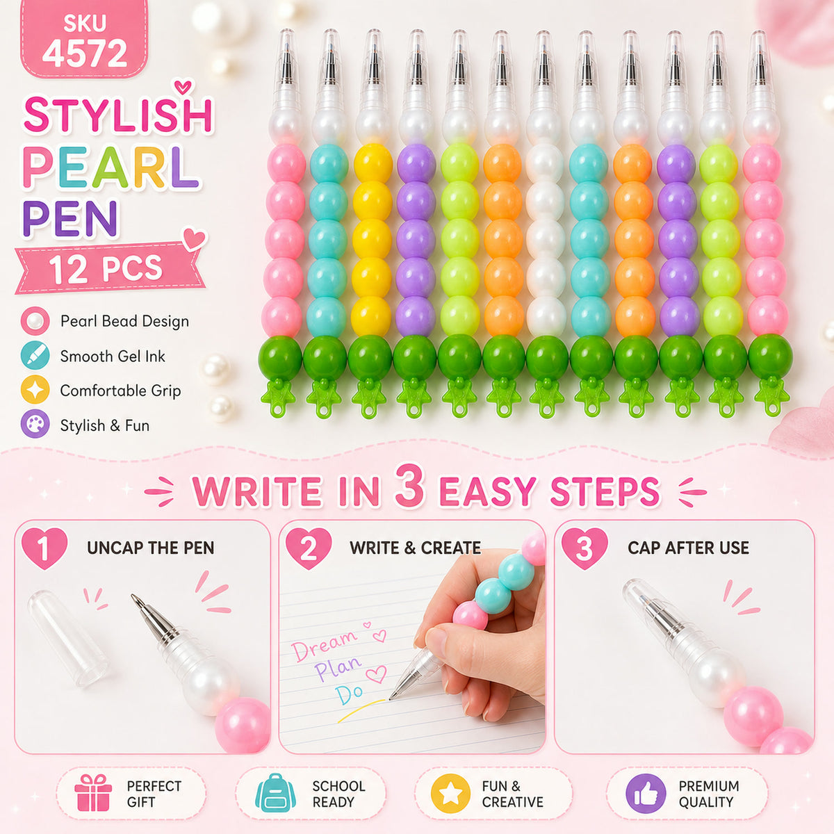 Pearl Gel Pen Set – Multicolor Moti Pens for Kids (12 Pc) | Writezo