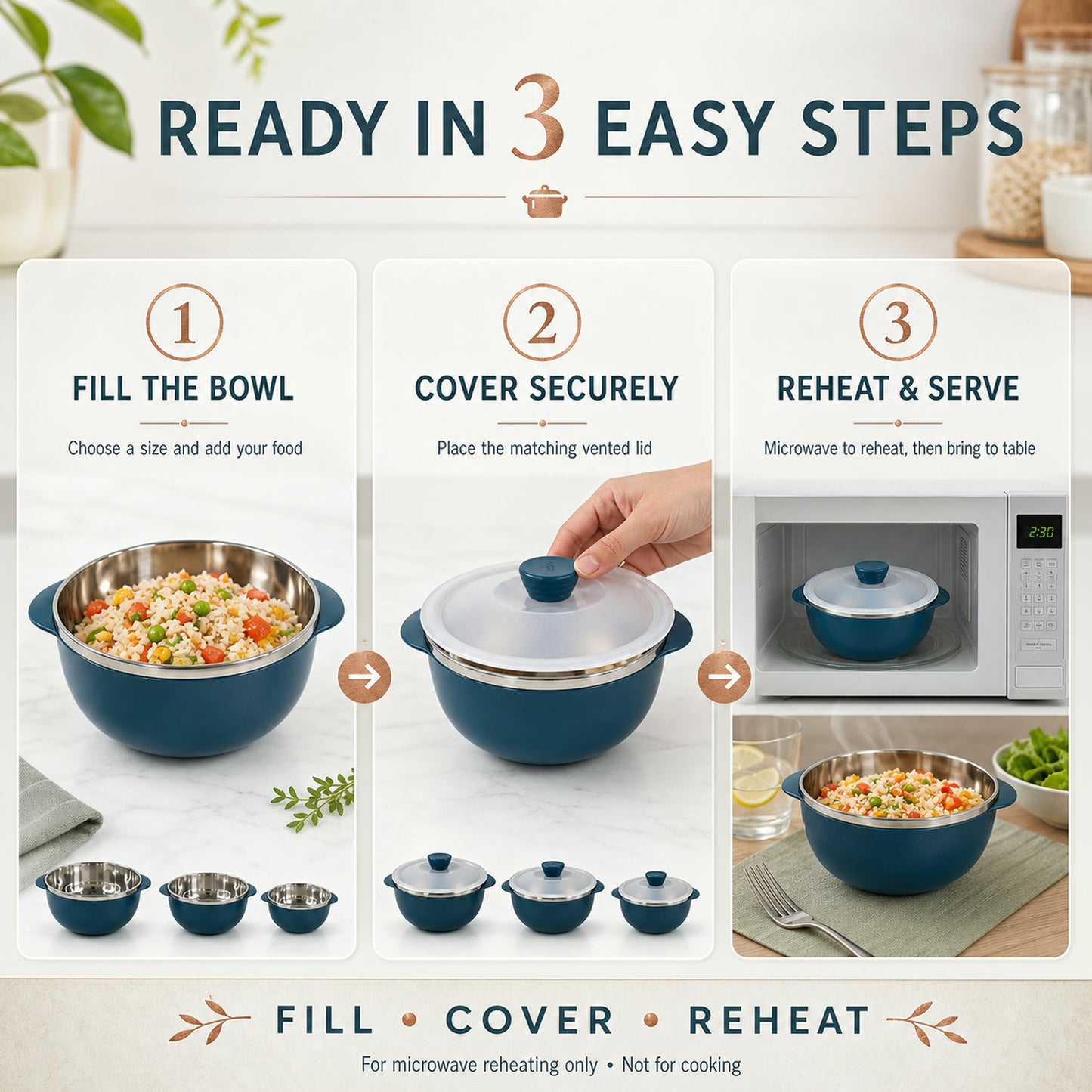Microwave-Safe Serving Bowl Set – Durable 3-Piece Nestable Bowls