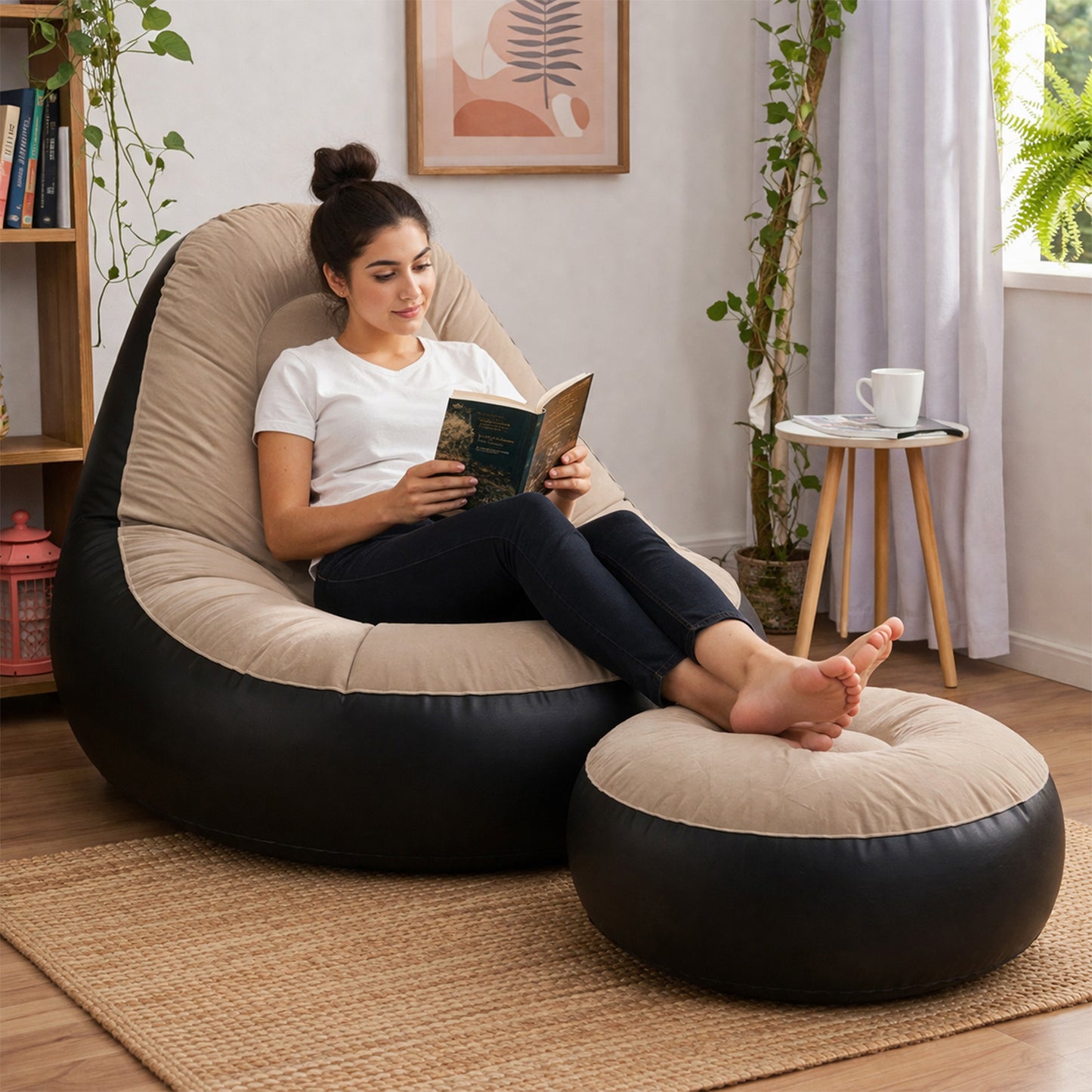 Inflatable sofa chair and footrest close-up