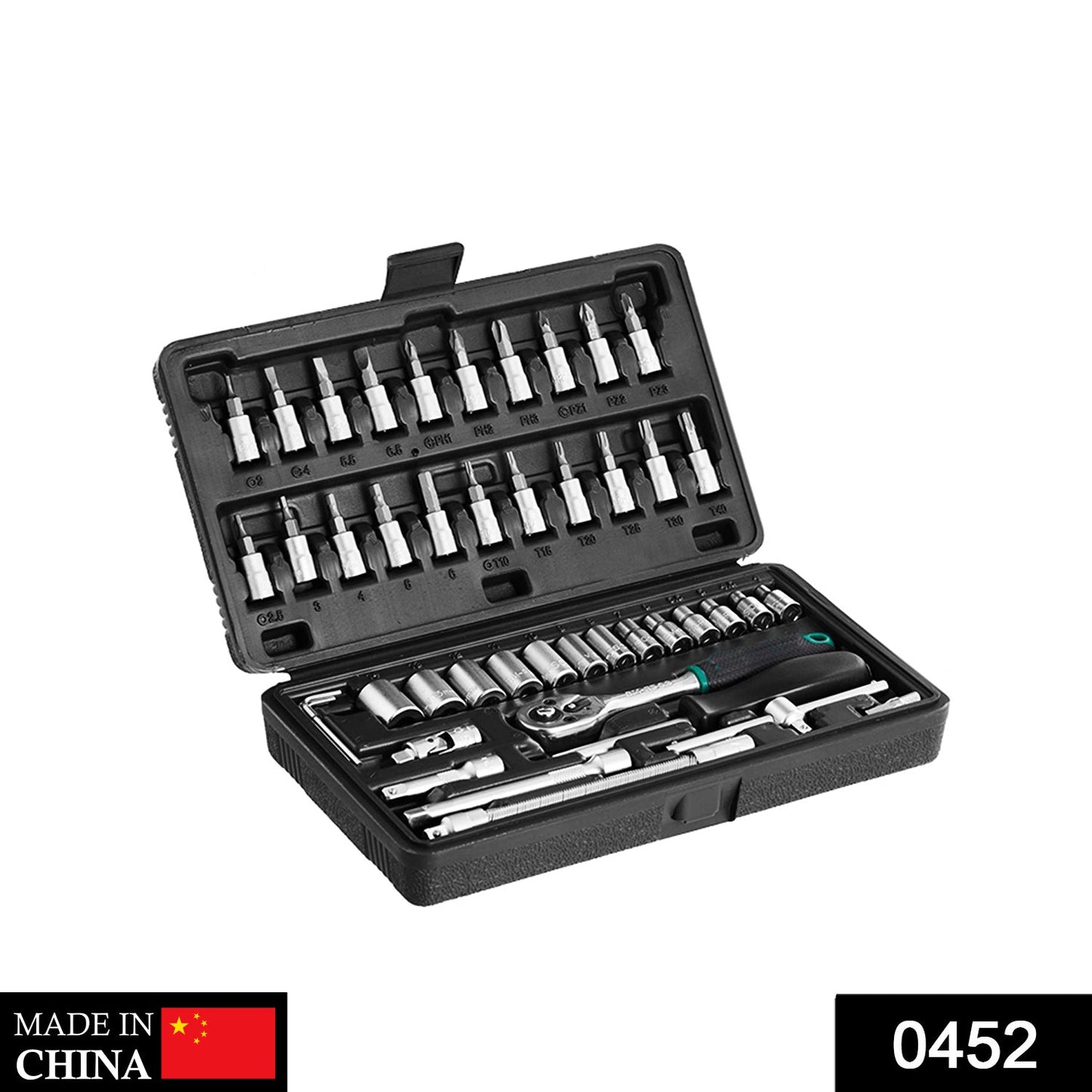 0452 -46pcsમેટલ 1/4" સોકેટ સેટ (કાળો, 46pcs)