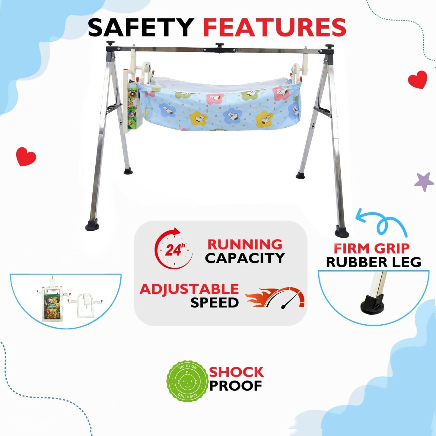 Baby swing with soft fabric seat and foldable stand for easy store.