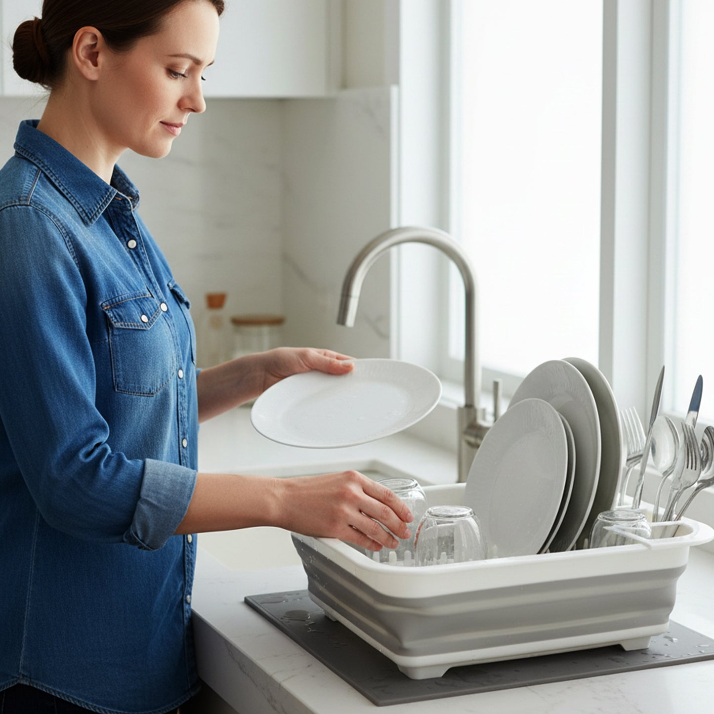 Dish drying rack with integrated drain tray on kitchen sink