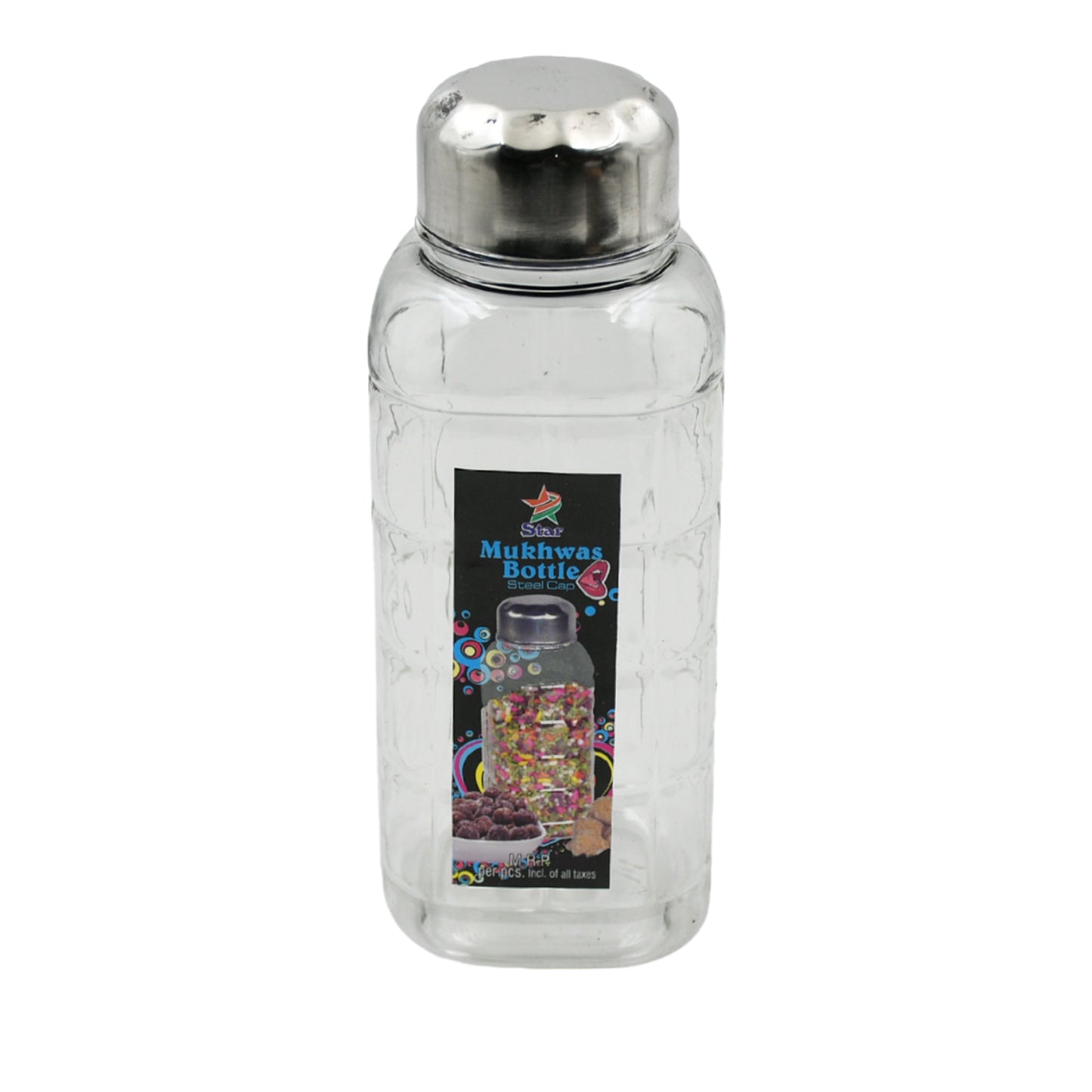 Transparent bottle on kitchen counter with snacks