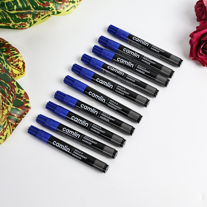 Camlin Bold-E Permanent Marker – Blue Colour, Bold & Long-Lasting Ink, Refillable Permanent Markers for Multi-Surfaces – Pack of 10
