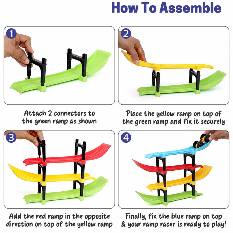 Aditi 4-Layer Colourful Ramp Racer Track Set with 2 Big-Wheel Cars & Connectors – Sturdy ABS Track Toy for Kids