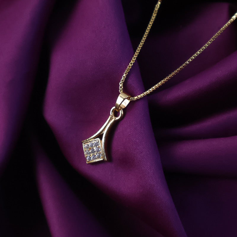 Side view of sleek pendant necklace emphasizing sparkling square stones