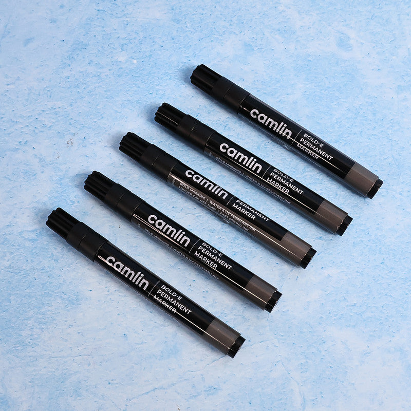 Camlin Bold-E Permanent Marker – Black Colour, Bold & Long-Lasting Ink, Refillable Permanent Markers for Multi-Surfaces – Pack of 10