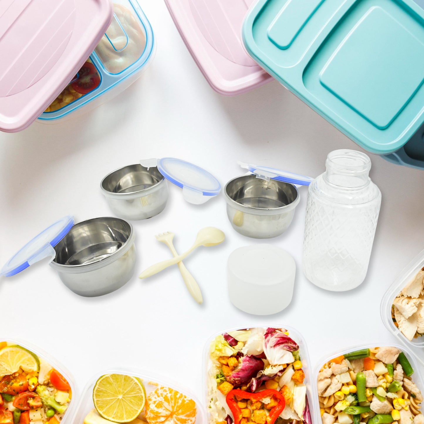 6In1 Tiffin Box-Lunch Box | 3 Stainless Steel Containers | Plastic lid Box | Spoon & Fork /Plastic Bottle | Insulated Fabric Bag | Leak Proof | Microwave Safe for Office, College and School (6 pcs)