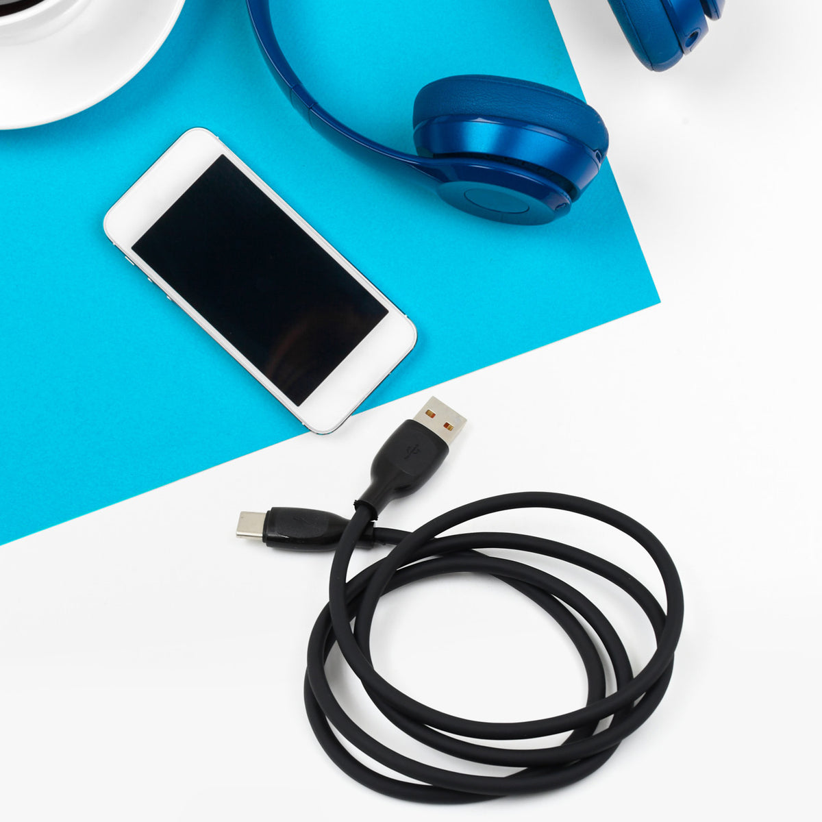 Multiple views of the durable Type C charging cable and its connectors.