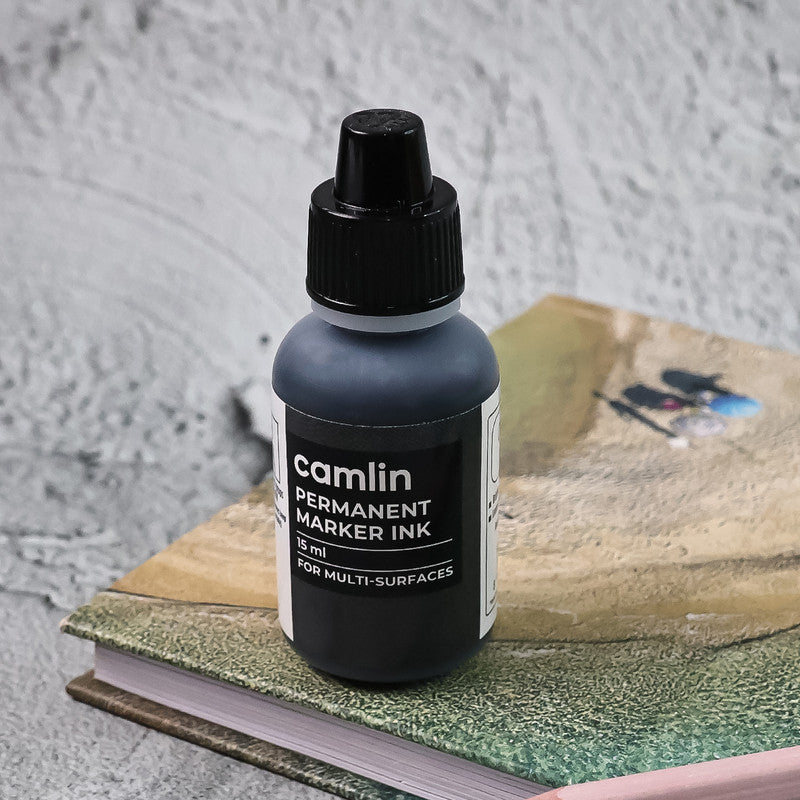 Camlin Permanent Marker Ink 15 ml – Black Color Refill Ink for Multi-Surfaces