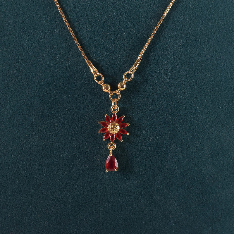 Gold-Plated Red Floral Crystal Pendant Necklace for Women