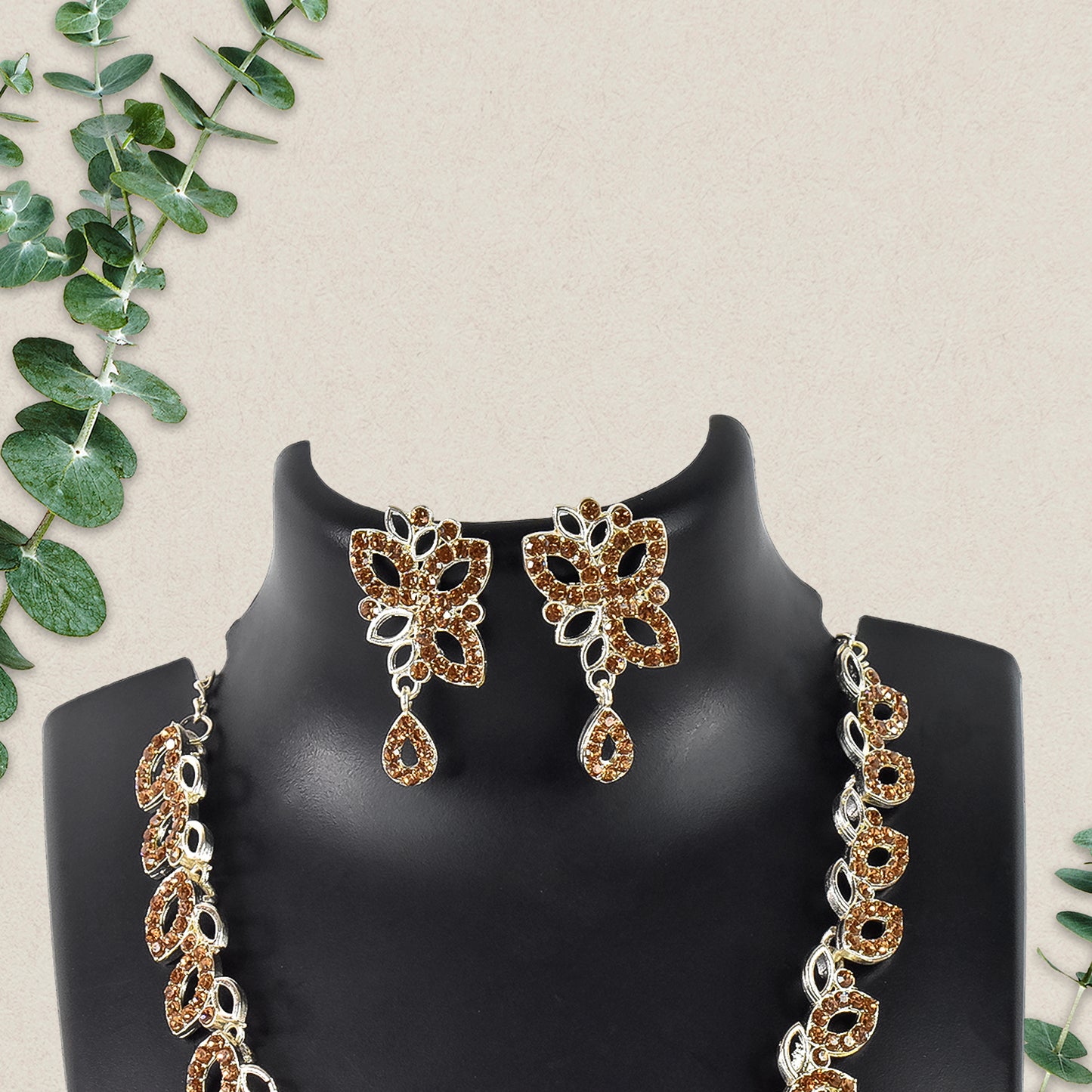 American Diamond Studded Floral Shaped Necklace With Earrings