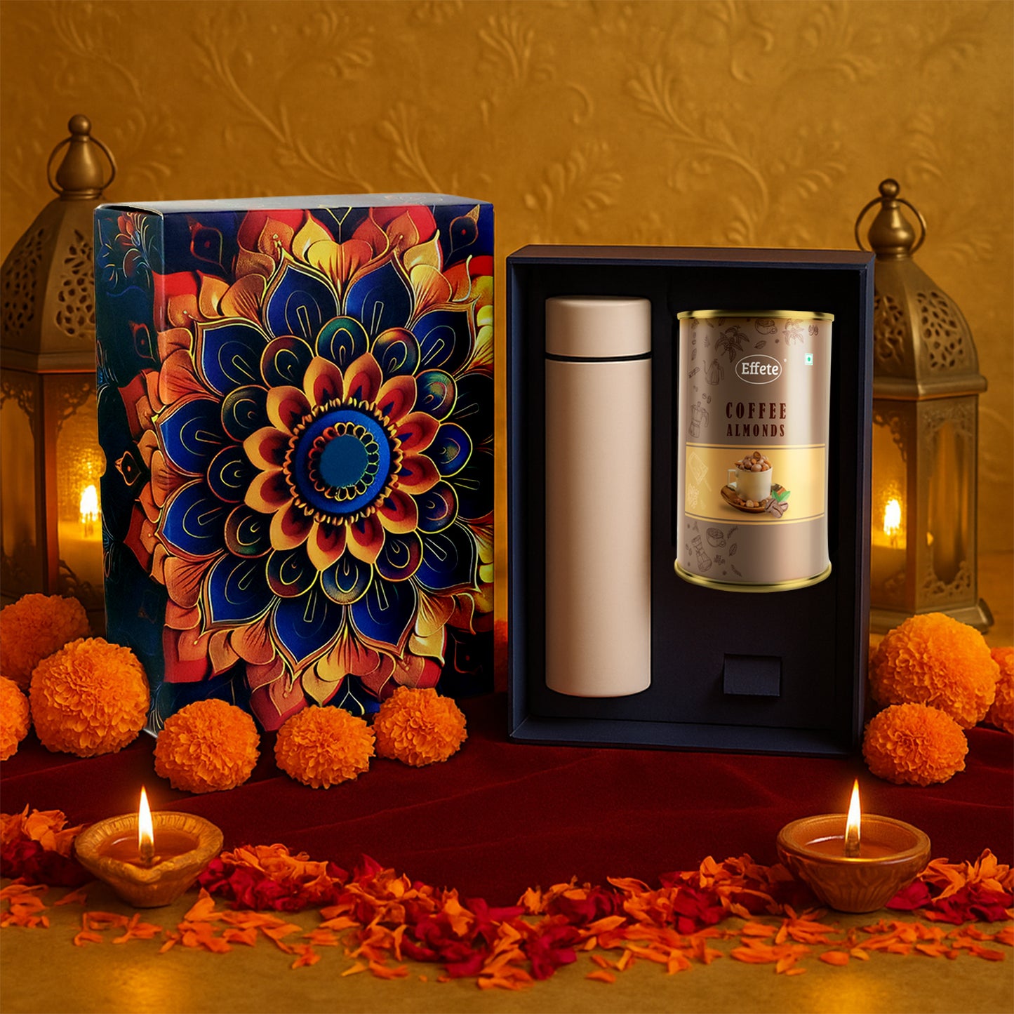 Effete Coffee Almonds Gift Hamper, Golden With Bottle (2 Pc Set)