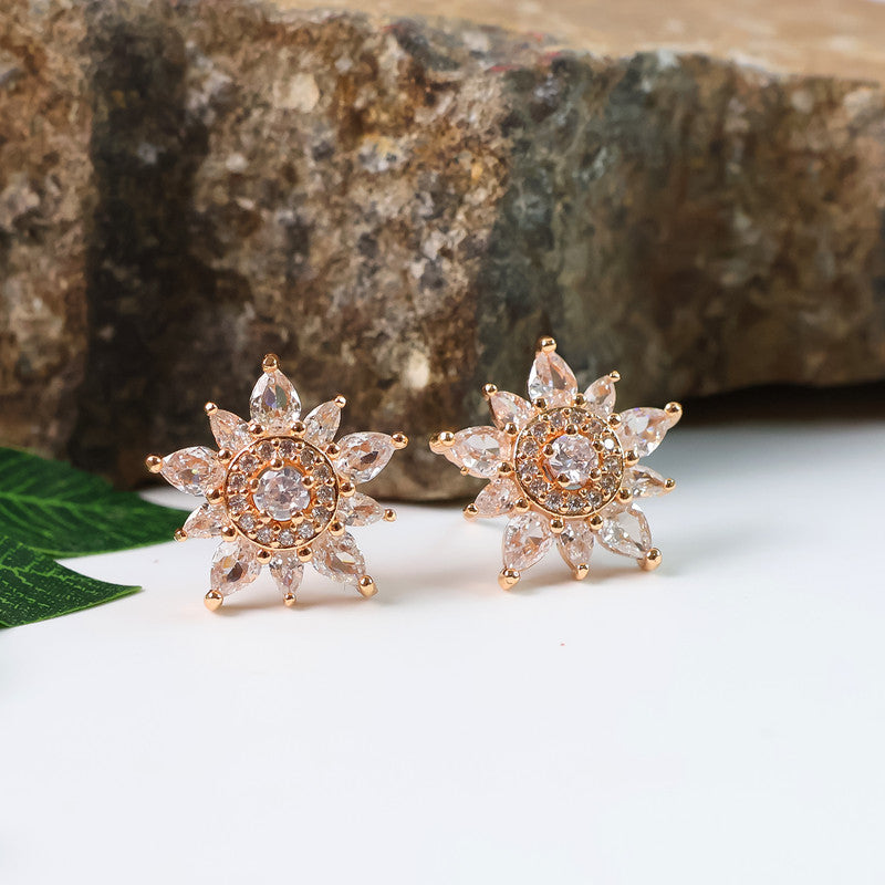 Elegant Floral Design CZ Stone Stud Earrings for Women