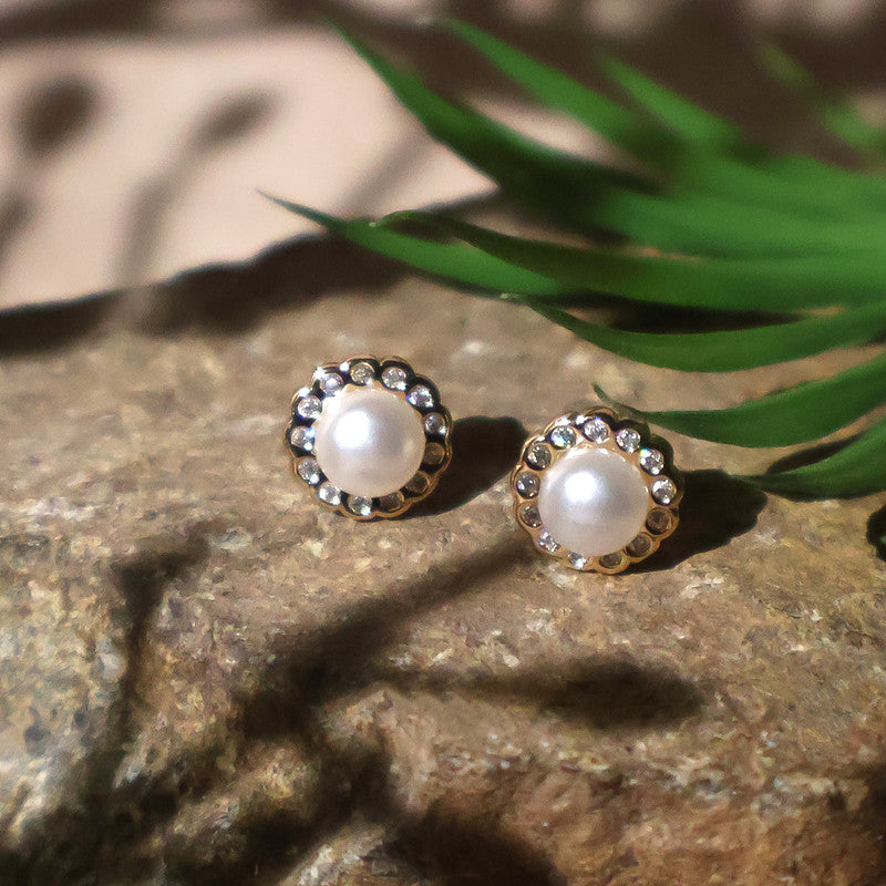 Classic Round Pearl and CZ Stone Stud Earrings for Women