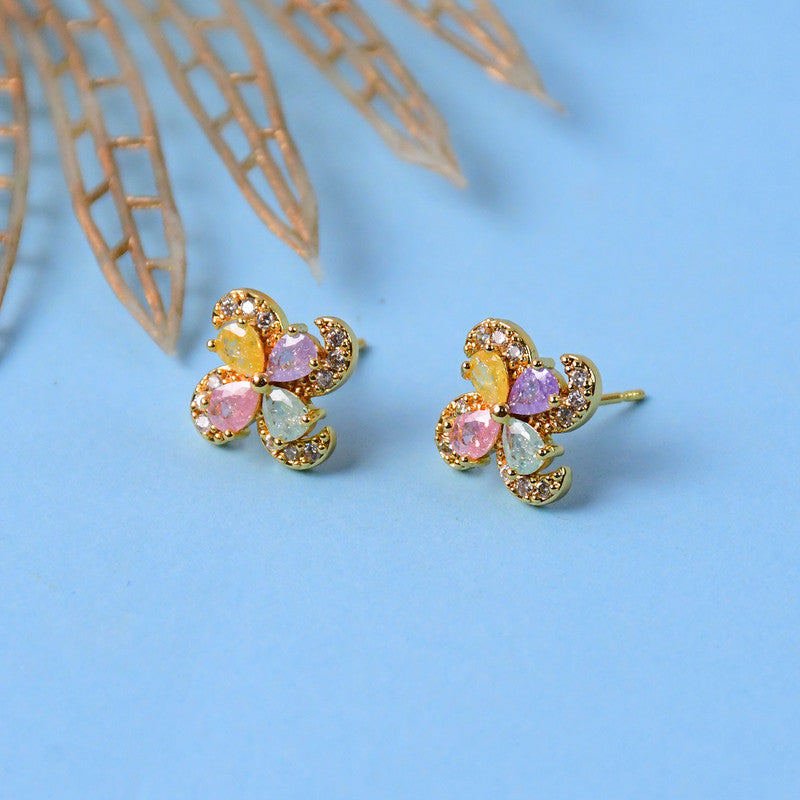 Pastel Crystal Flower Stud Earrings with Gold Finish for Women