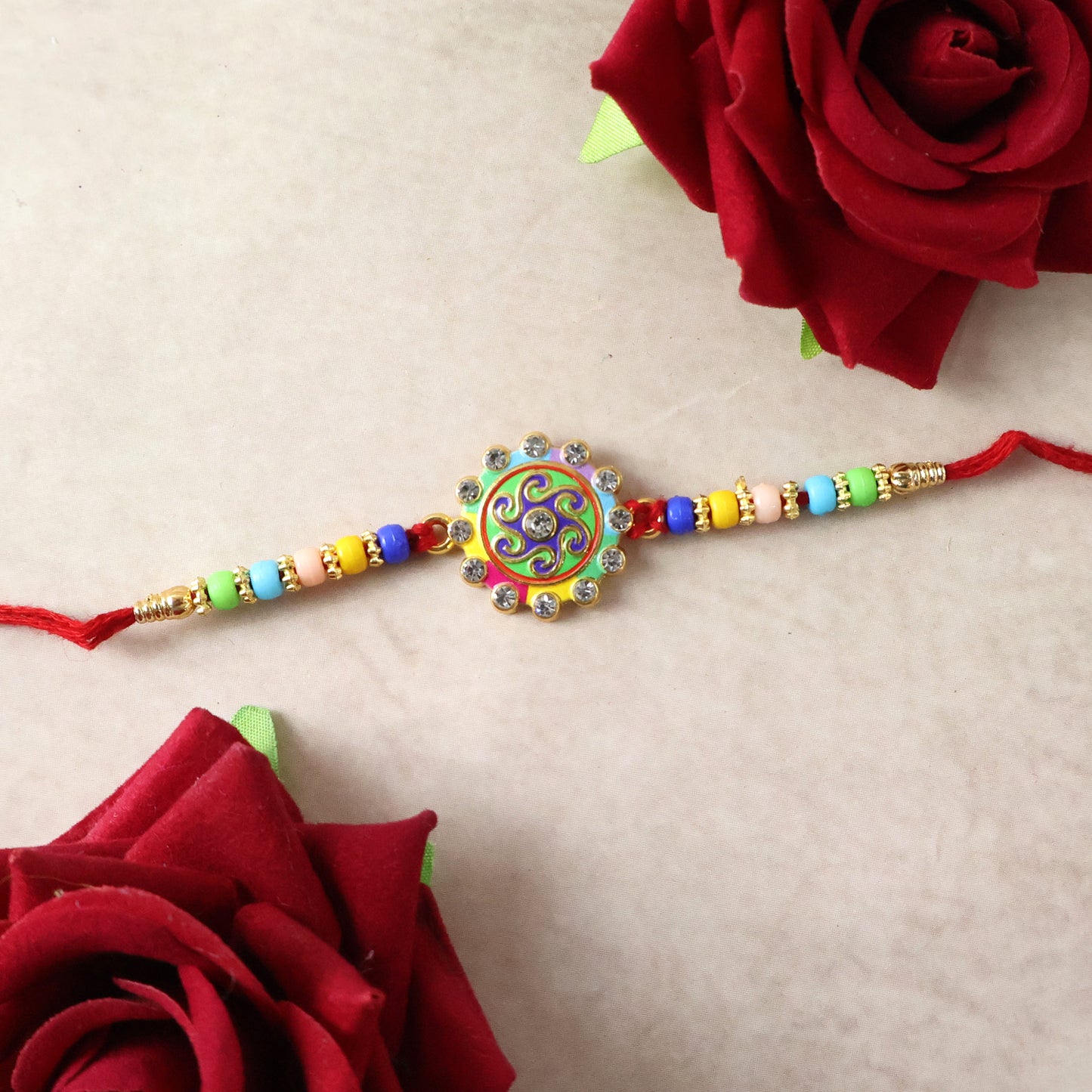 Premium Designer Rakhi with Multicolor Beads & Stone Centerpiece