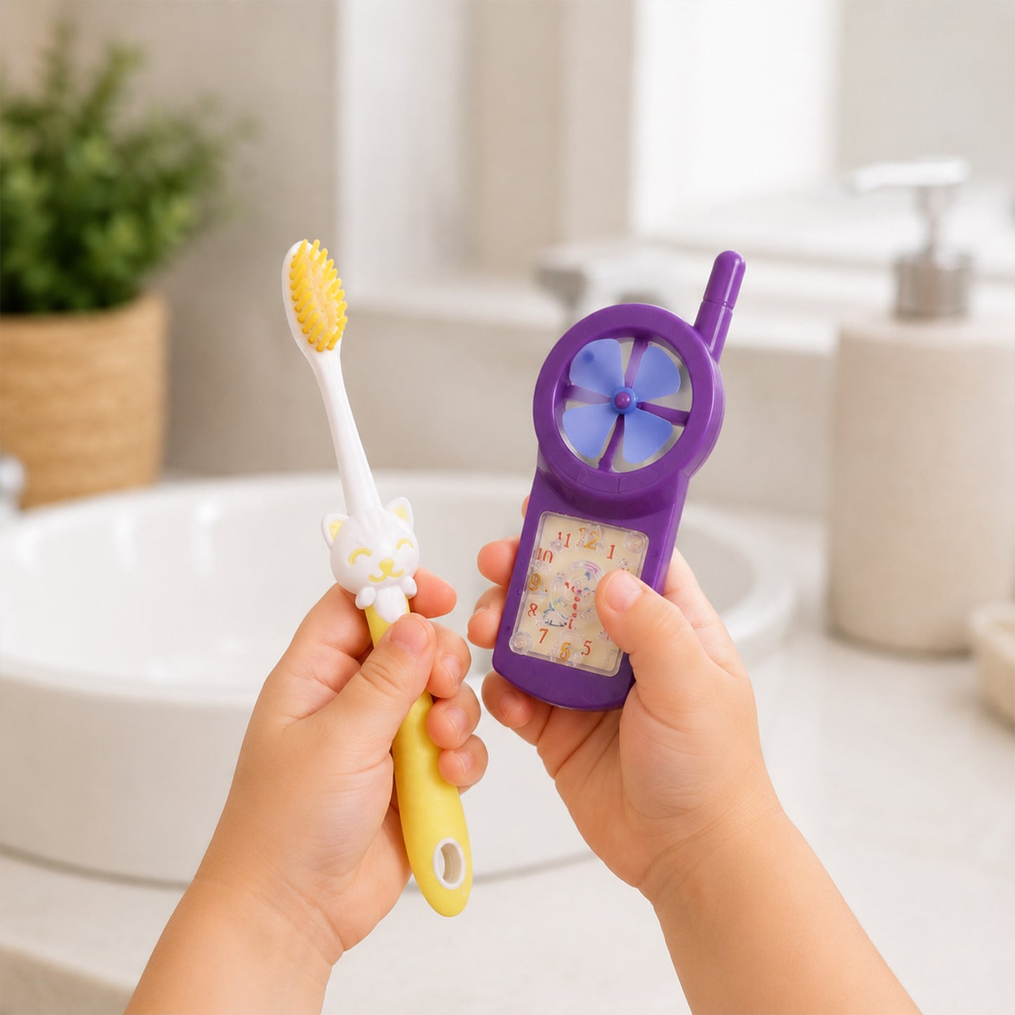 Kids toothbrush set with fan toy, showing cartoon character