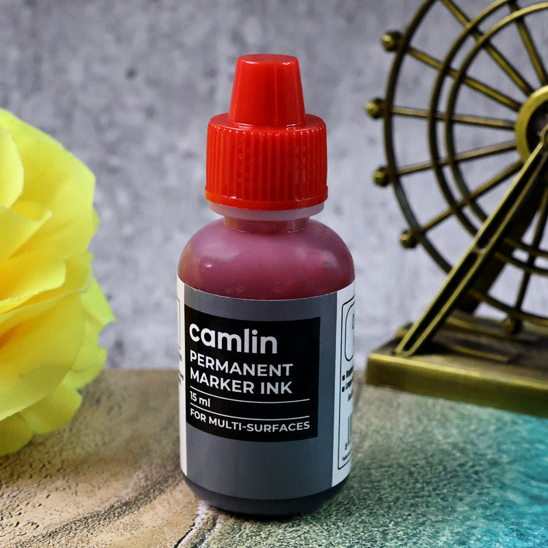 Camlin Permanent Marker Ink 15 ml – Red Color Refill Ink for Multi-Surfaces