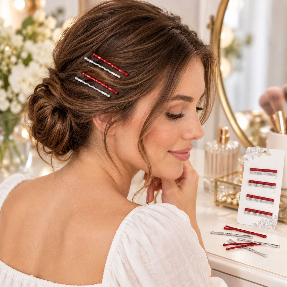 glitter red and silver metal hair pins set