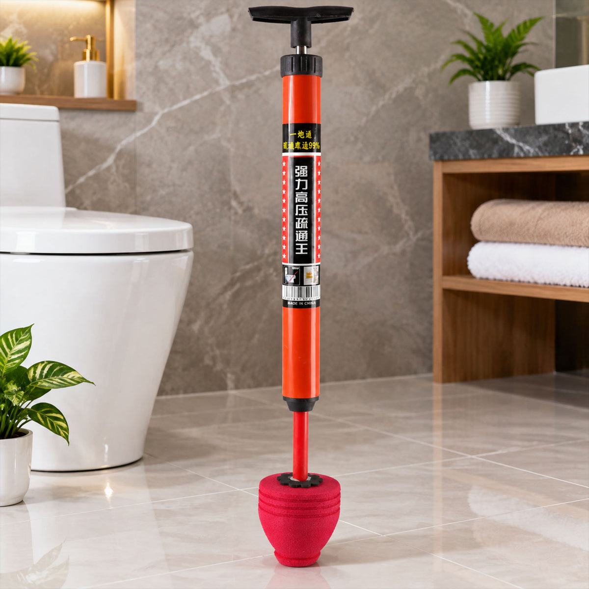 An orange and red pump plunger stands upright on a tiled bathroom floor next to a white toilet.