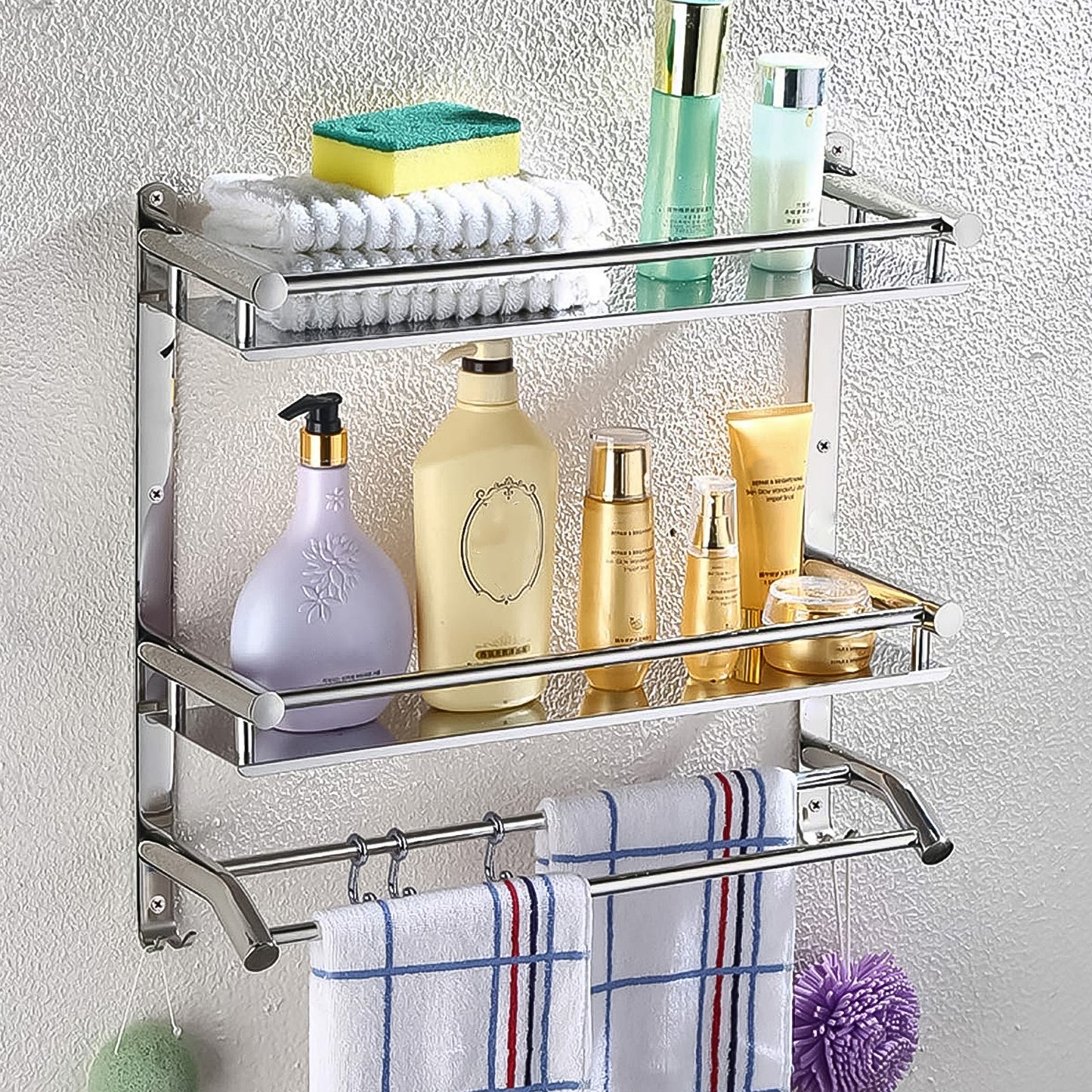 Stainless Steel Wall-Mount 2 Tier Self With Towel Bar