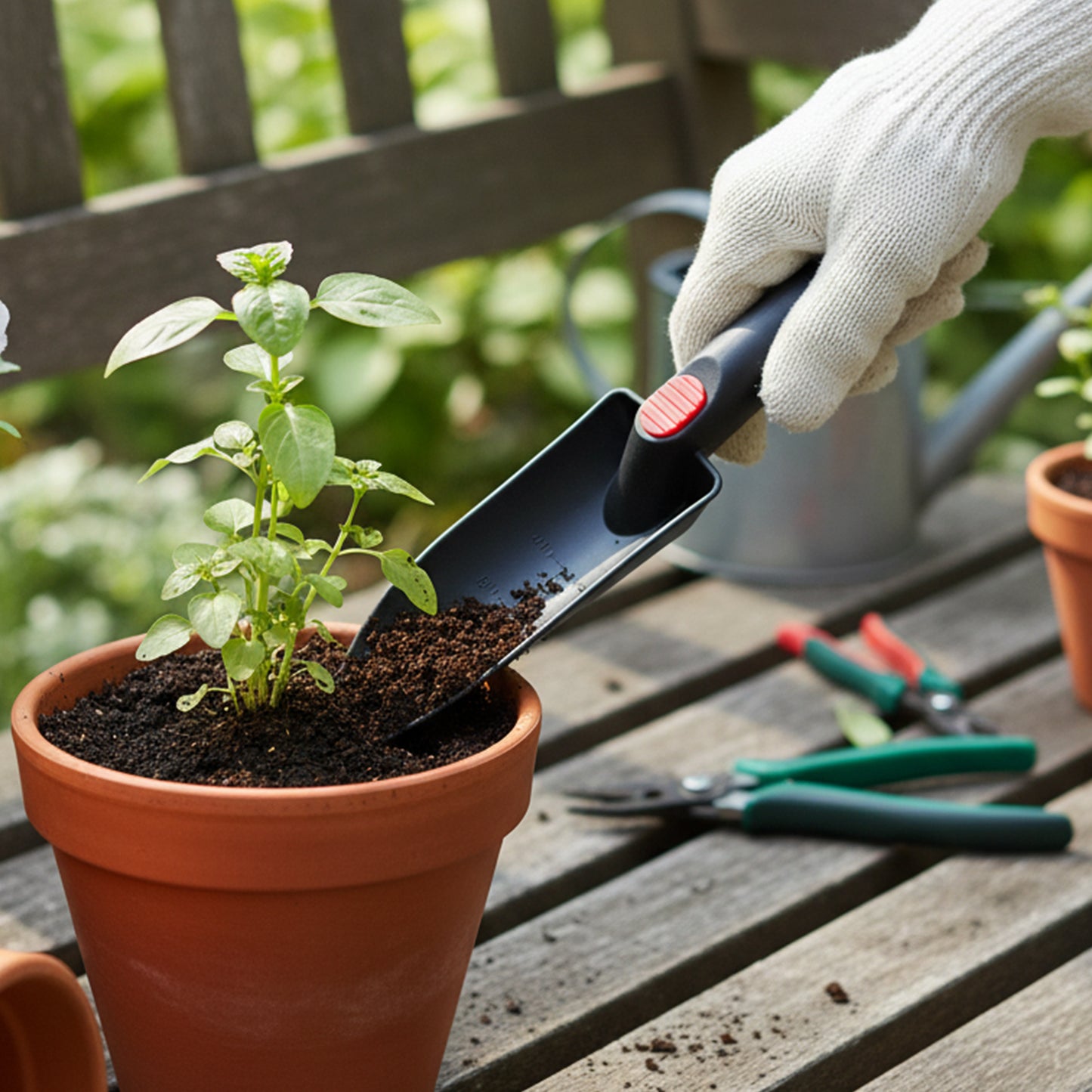 Compact garden trowel for pots and beds
