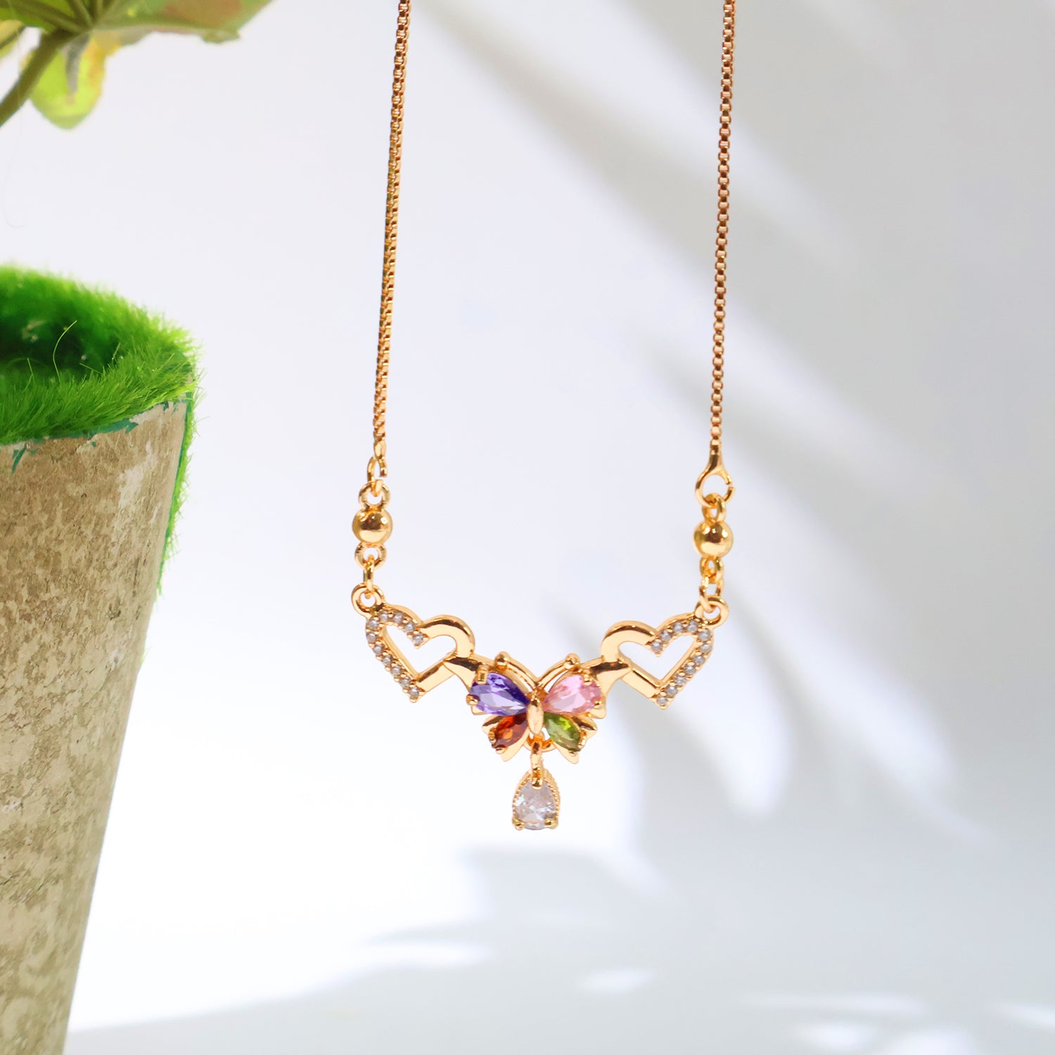 Multicolor Butterfly Design Gold-Plated Pendant Necklace with Heart Accents for Women