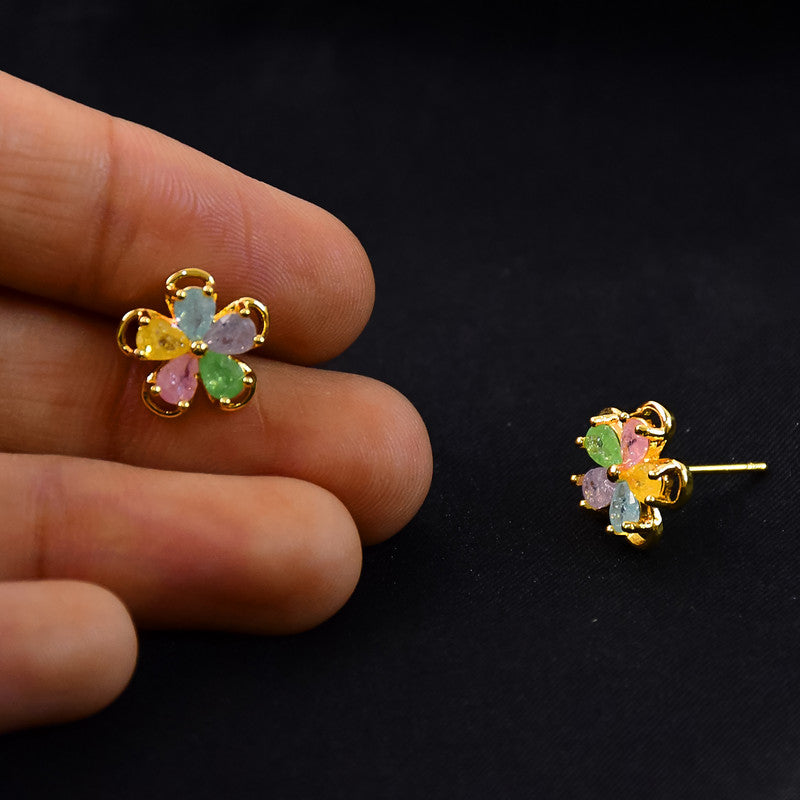 Multicolor Crystal Flower Stud Earrings with Gold Finish for Women