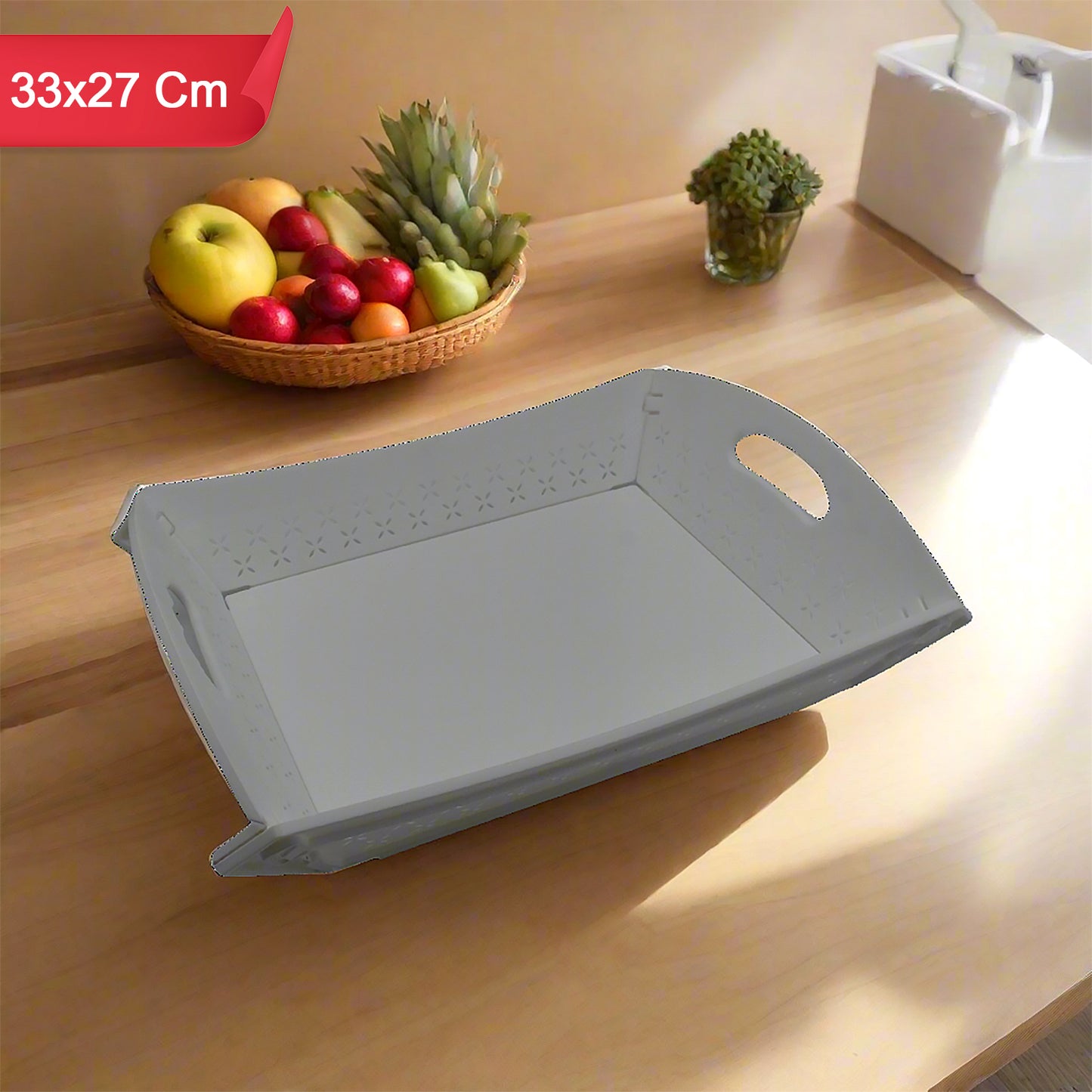 Serving tray in kitchen setting with food