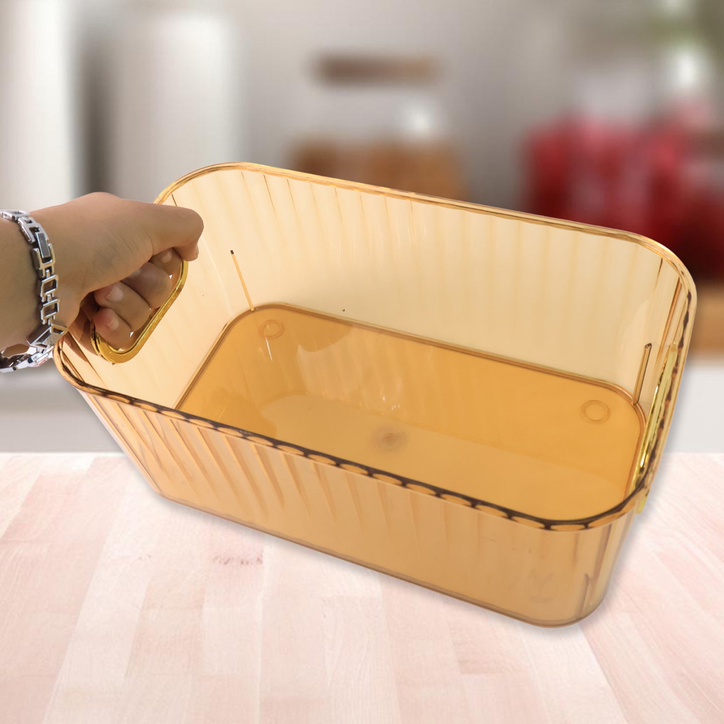 Premium Ribbed Transparent Storage Basket with Gold Handle – Multipurpose Kitchen & Home Organizer Box (25x14cm / 2 Pc)