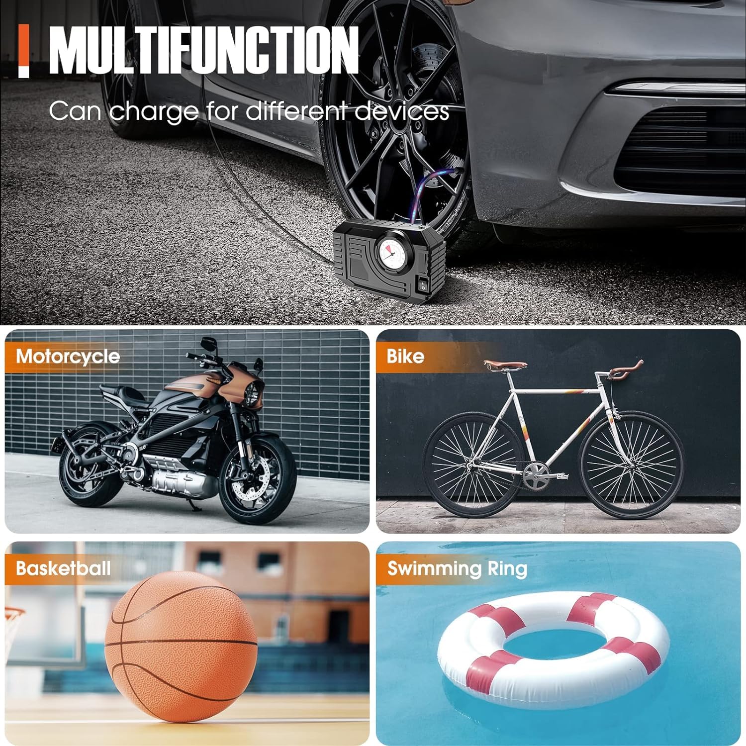 टायर इन्फ्लेटर पोर्टेबल एयर कंप्रेसर 12V कार टायर साइकिल गुब्बारे, कार, बाइक, साइकिल और अन्य इन्फ्लेटेबल के लिए छोटा एयर पंप LED लाइट के साथ (12V)