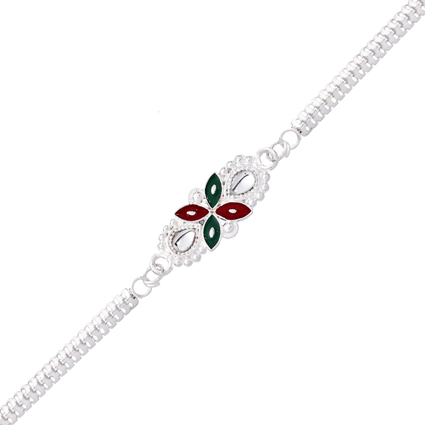 Elegant Floral Rakhi metal chain and red-green enamel design